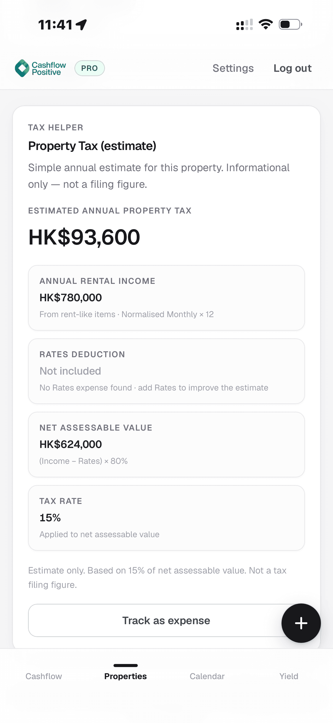 Property Tax estimate with track as expense