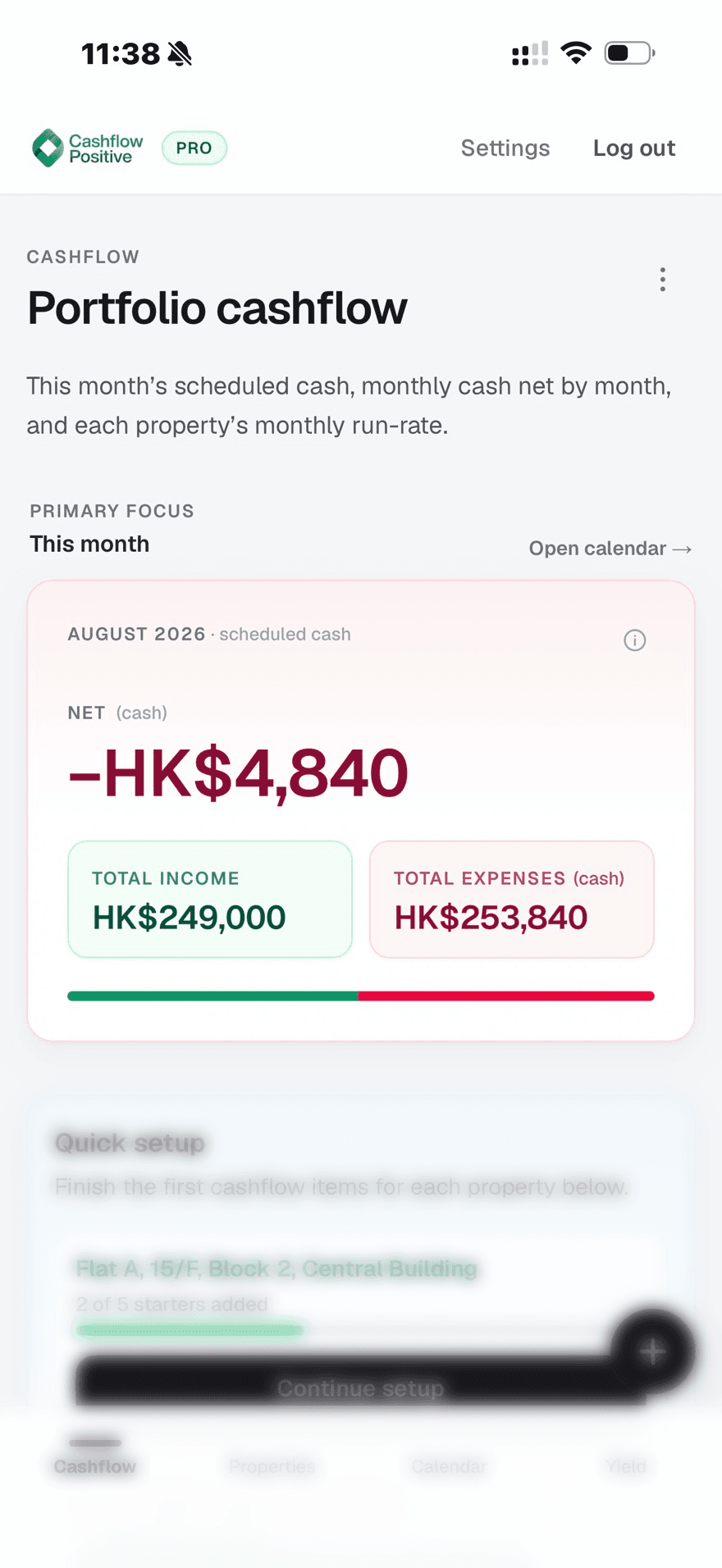 Portfolio home with multi-property net cashflow overview